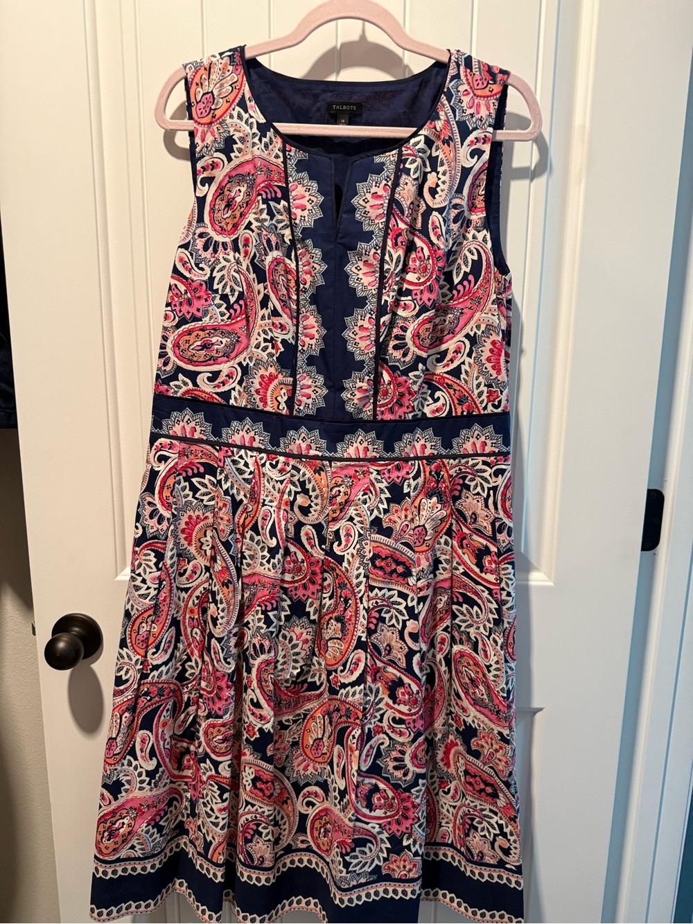 Talbots Navy Sleeveless Paisley Cotton Dress with Pink & White Accents